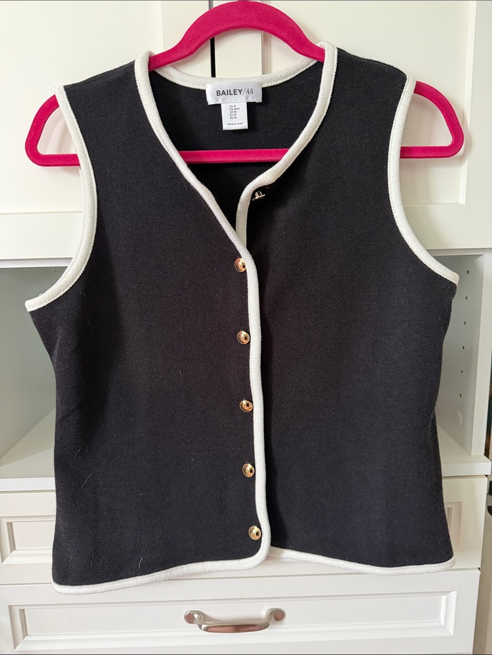 Bailey 44 Black Sleeveless Knit Vest with Cream Trim and Gold Buttons